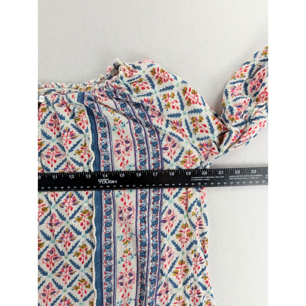 Lucky Brand Women Medium Blue Red Floral Boho Peasant Blouse Long Sleeve - Picture 4 of 6